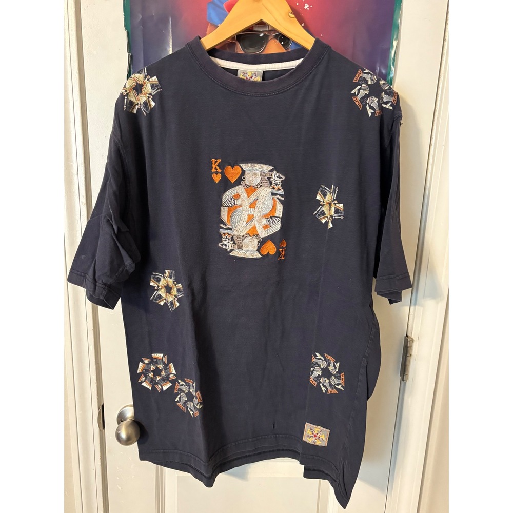 Vintage Focus 70 Jeans King of Hearts Embroidered T-Shirt Navy Blue XL 90s Y2K